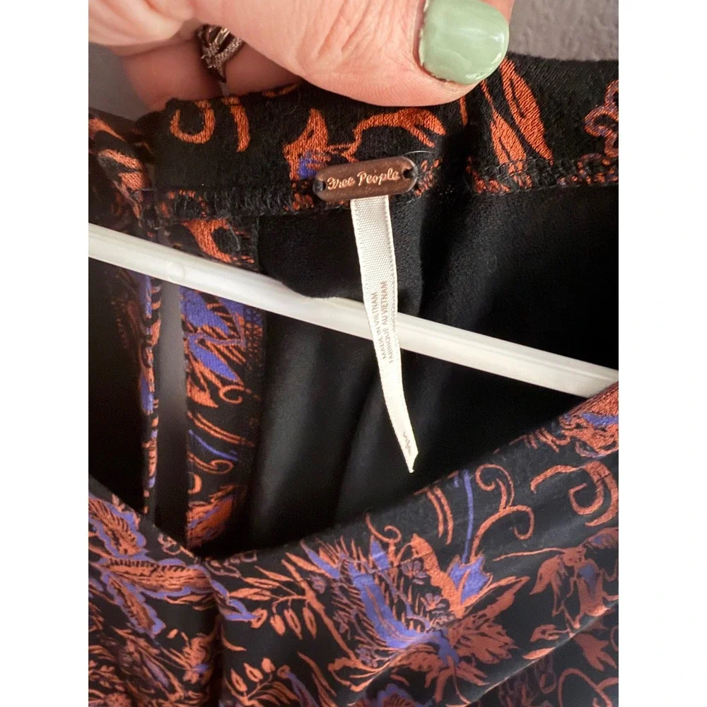 Free People Black& Orange Floral Boho Dress Top Long Sleeve Keyhole‎ Back Small